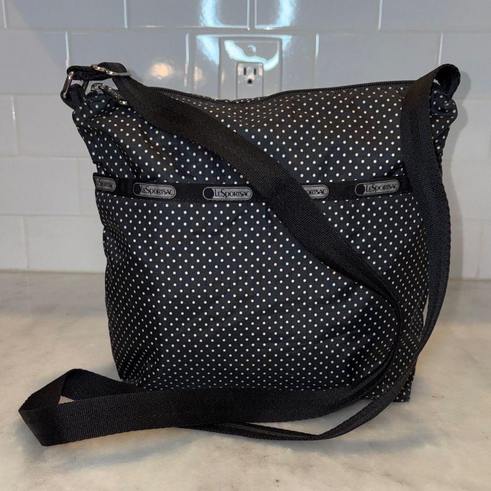 LeSportsac Purse Crossbody Shoulder Bag Black White Polka Dot Nylon